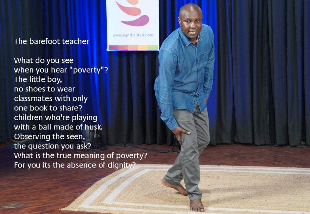 Founder, Kenneth in the picture in blue shirt and grey khaki trouser, with a post on poverty in the eyes of a child